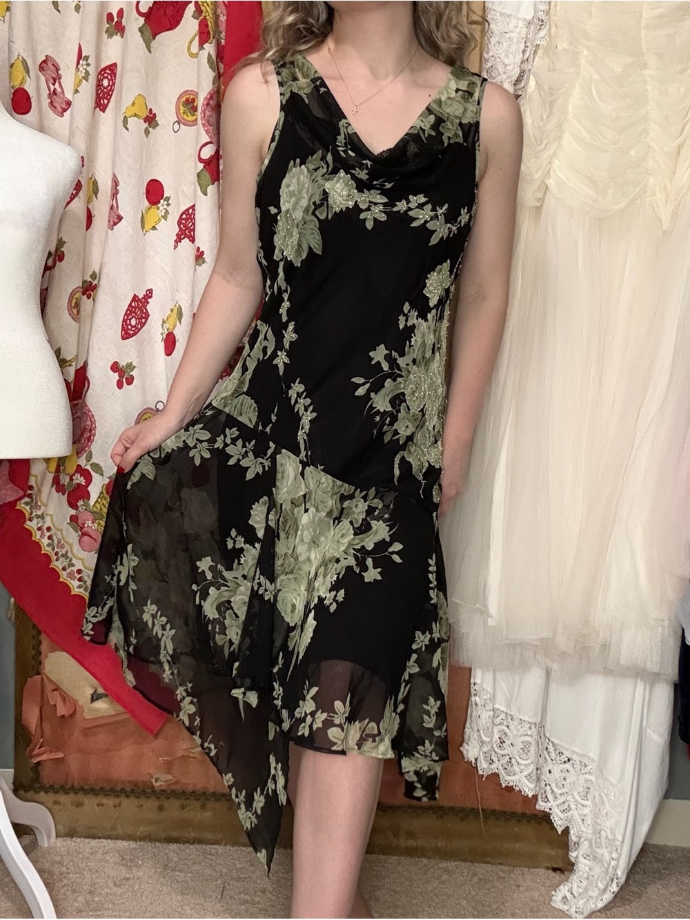 Y2K beaded Dress Barn Black Floral Asymmetrical Cowl Neck Dress